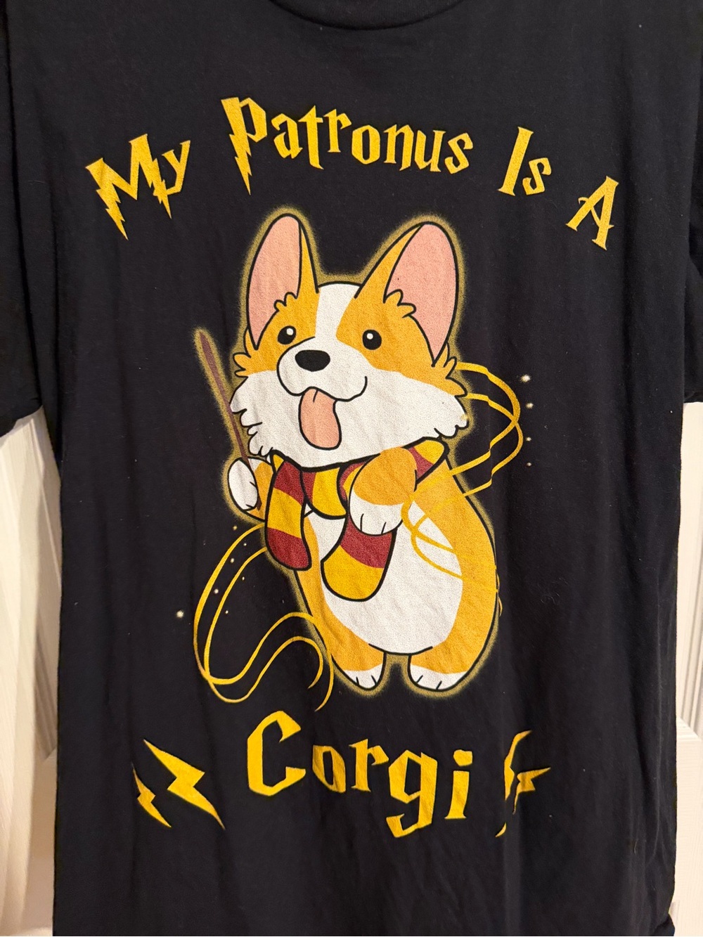 My Patronus Is A Corgi Graphic Tee - Black with Yellow & White
